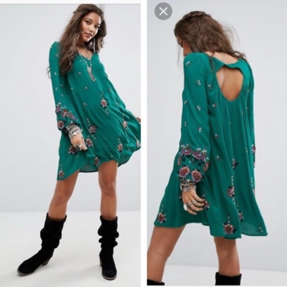 Free People Teal Green Long Sleeve Embroidered Mini Dress